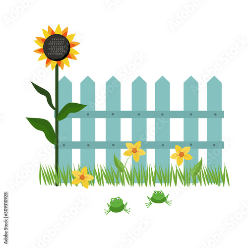 Illustration - blue fence, next to growing grass, sunflowers, yellow flowers and sit frogs. Stock vector graphics.