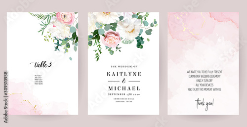 Elegant wedding cards with pink watercolor texture and spring flowers
