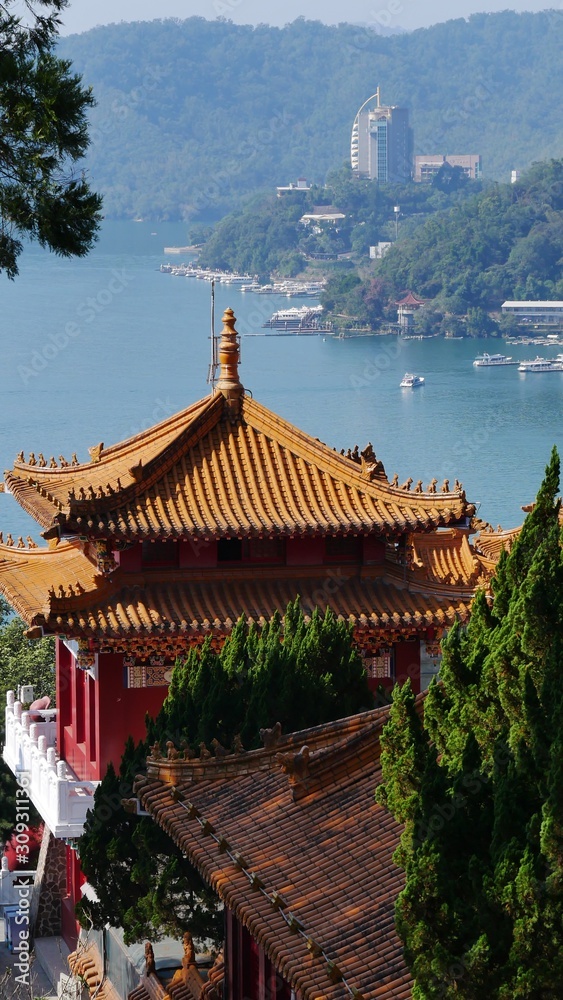 Naklejka premium Wen Wu Temple nearby Sun Moon Lake in Yuchi Township, Nantou County, Taiwan.