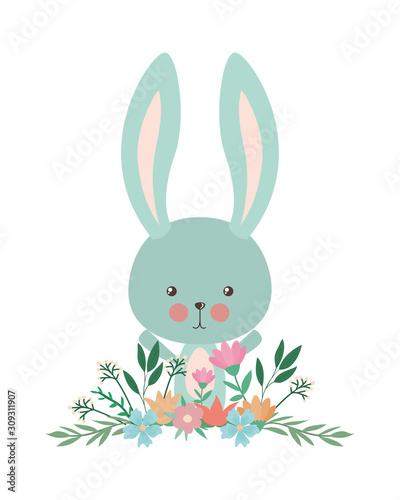 Cute rabbit cartoon with flowers and leaves vector design