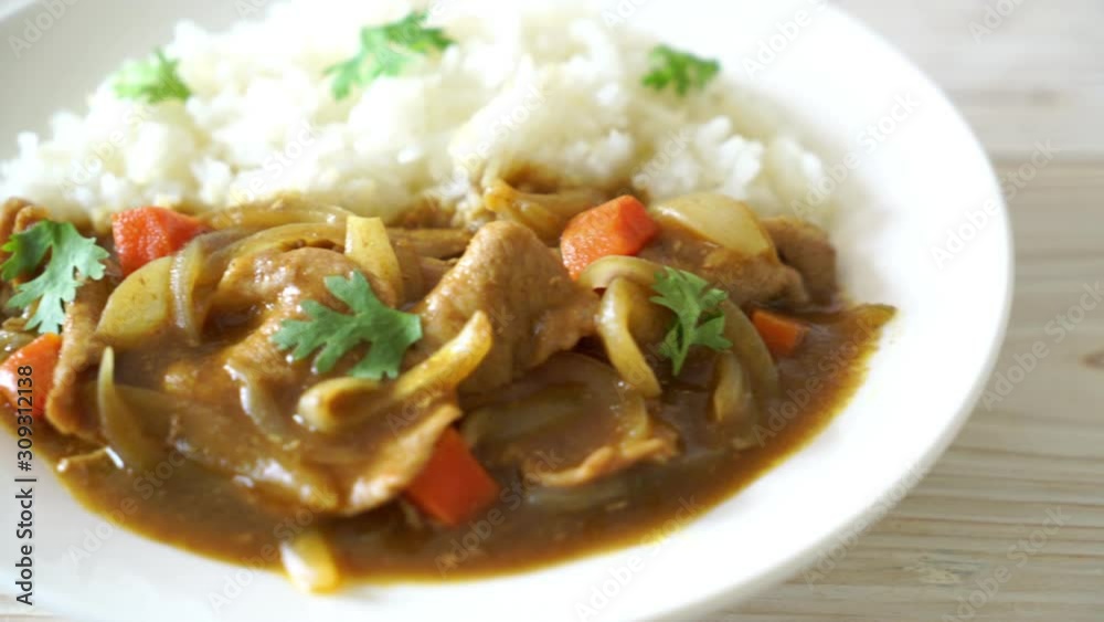 Japanese curry rice with sliced pork, carrot and onions Japanese curry rice with sliced pork, carrot and onions