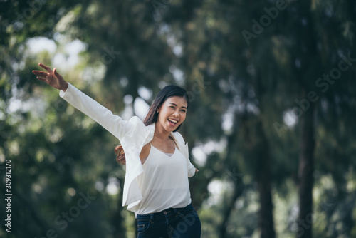 smiling asian business women, happy in nature field