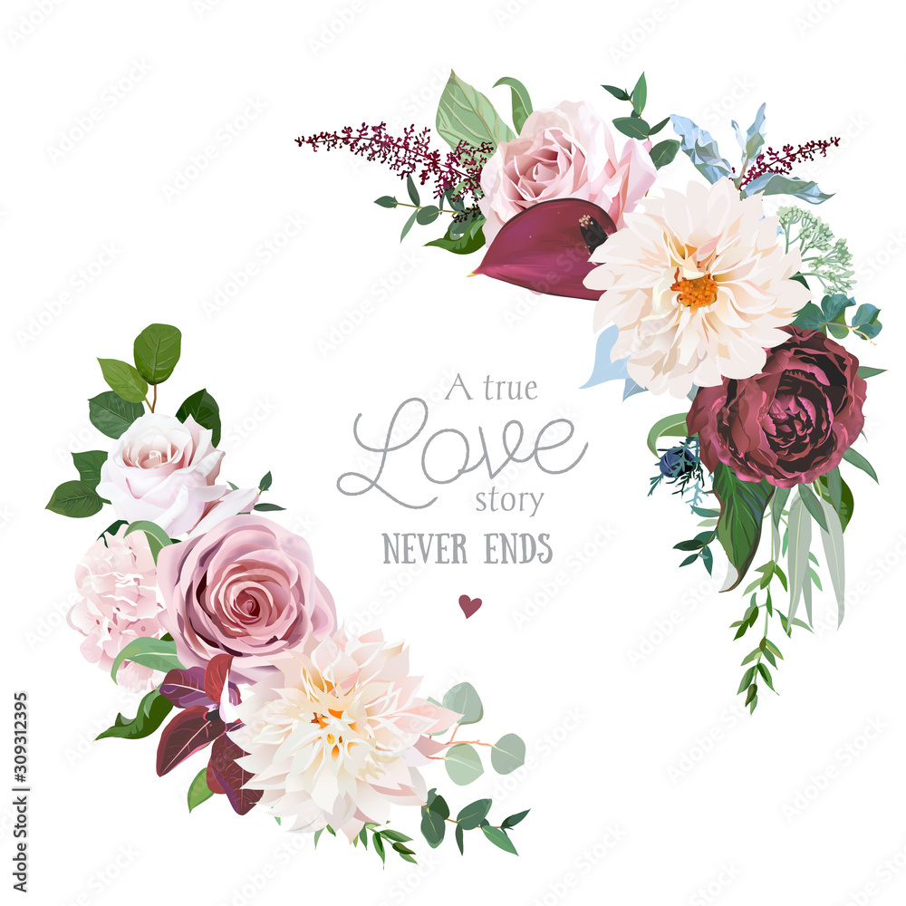 Floral vector round frame of cinnamon, brown, dusty pink, marsala roses  Stock Vector | Adobe Stock