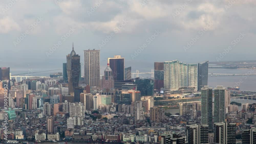 Macau Peninsula aerial cityscape day timelapse pan up Macau Peninsula aerial cityscape day timelapse pan up