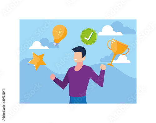 man with set of icons, goals, way to success
