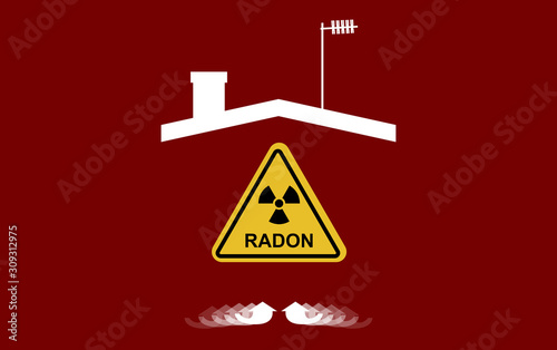 Radon, a contaminant that affects indoor air quality worldwide. Illustration, silhouette of a house, roof, chimney, antenna,  and blank direction arrows. Risk of possible accumulation inside the home. photo
