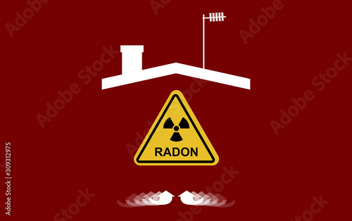Radon, a contaminant that affects indoor air quality worldwide. Illustration, silhouette of a house, roof, chimney, antenna,  and blank direction arrows. Risk of possible accumulation inside the home.