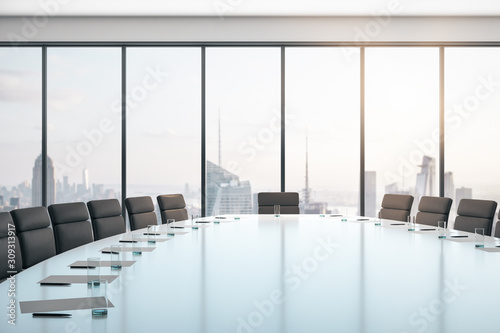 Conference room with table and chairs, large window and city view at sunrise, business concept. 3D Rendering photo