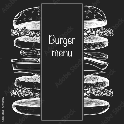 Burger menu template. Burger sketch on dark background. Vector illustration