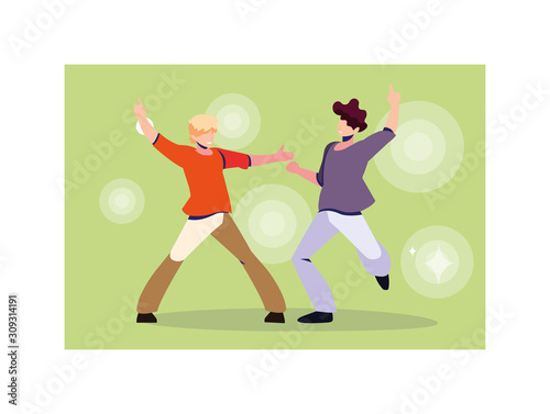 scene of men in dance pose, party, dance club