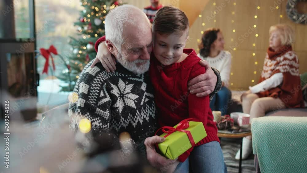 Beautiful family portrait on Christmas. Happy adorable boy giving a present to grandfather, making amazing surprise and hugging together, celebrating Chritsmas days at home.