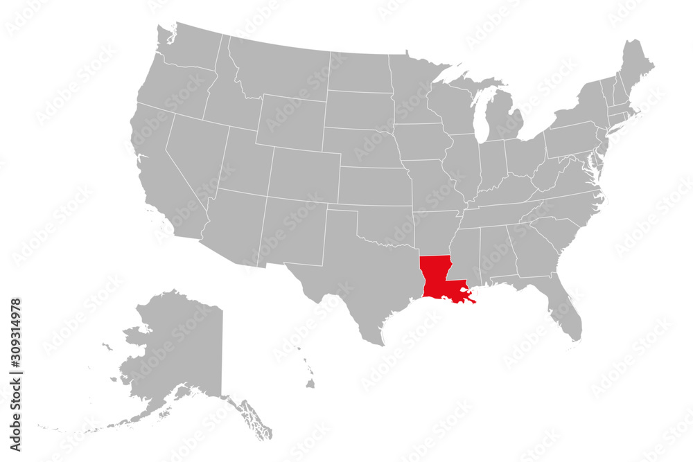 USA map highlighting louisiana state vector illustration. Gray background. United states political map.