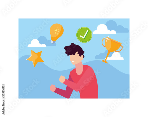 man with set of icons, goals, way to success