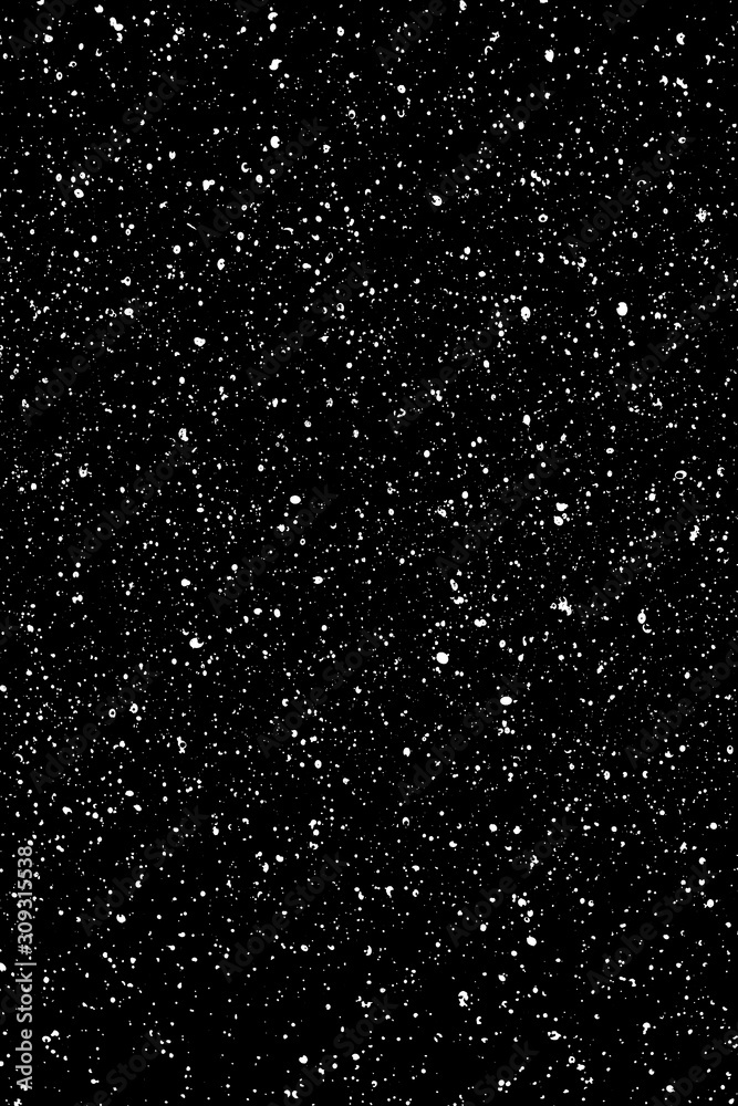 Chaotic white star bokeh on a isolated black background. falling blurry ...