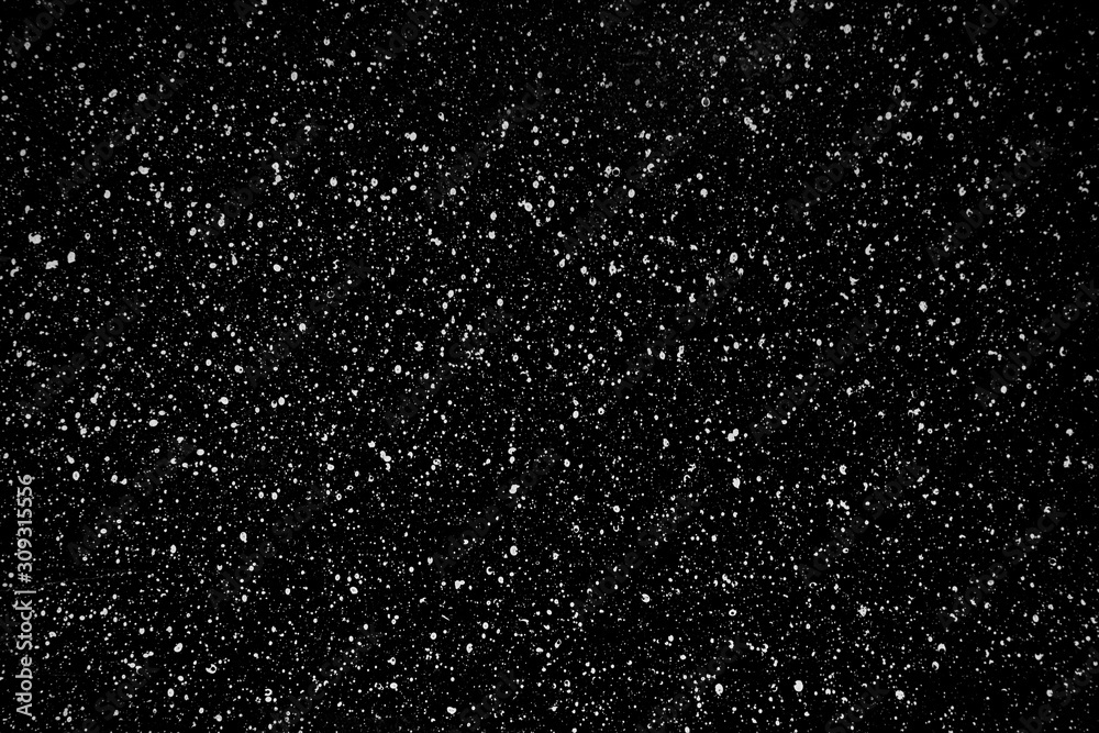 Chaotic white star bokeh on a isolated black background. falling blurry ...