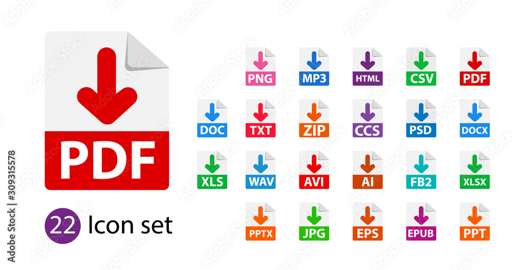 Collection of vector icons. Sign Download. File format extensions icons.  PDF, MP3, TXT, DOC, DOCx, ZIP PPTx XLSx JPG PSD fb2 AVI Stock Vector |  Adobe Stock