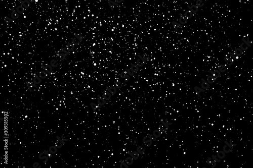 Chaotic white star bokeh on a isolated black background. falling blurry bokeh snow overlay, starry sky. white spots on black background, white drops and spots. abstraction.