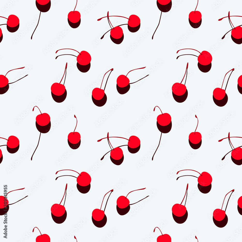 Seamless pattern with watercolor berry cherry. Endless repeating print background texture. Fabric design. Wallpaper - vector. Shadows in a sunny day. White background Seamless pattern with watercolor berry cherry. Endless repeating print background texture. Fabric design. Wallpaper - vector. Shadows in a sunny day. White background