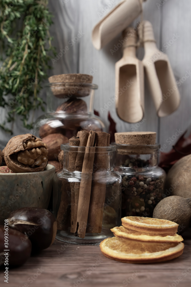 Winter autumn different ingredients for a warming hot tea white wood background, copy space, top view Winter autumn different ingredients for a warming hot tea white wood background, copy space, top view