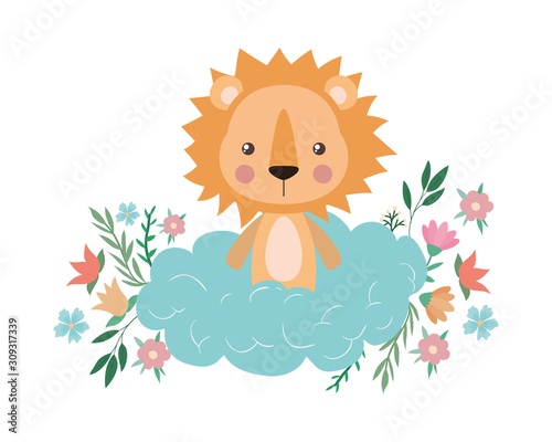 Cute lion cartoon over cloud vector design