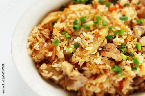 Korean food, chicken and kimchi stir fried rice
