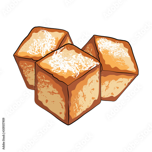 Tofu fried in Chinese style on white background. Vegetarian food, Asian culinary ingredient. Vector stock illustration cartoon.
