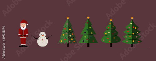 Collection Set of Christmas trees Snowman and Santa Claus  Flat design.