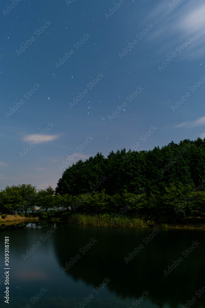 Fototapeta premium 月夜の青い空とオリオン座