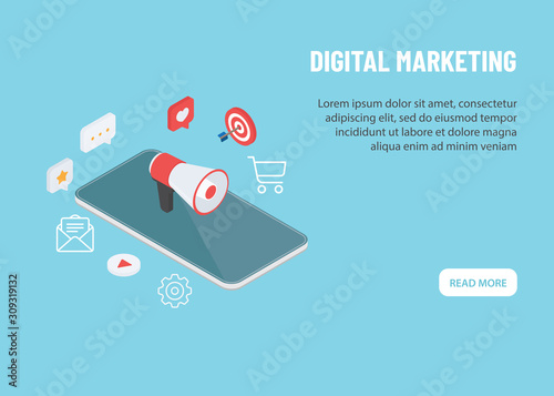 Digital marketing strategy. Smartphone with megaphone device loudspeake and internet sharing icon photo