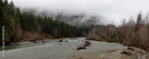 Beautiful Panoramic View of Canadian Nature Landscape during a cloudy day. Taken between Tofino and Port Alberni, Vancouver Island, British Columbia, Canada.