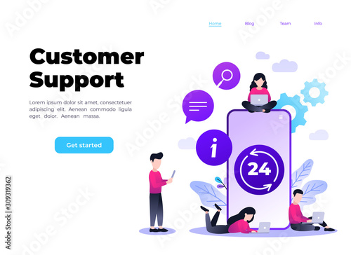 24 7 service concept or call center, big smartphone and small people with laptops in flat vector illustration. nonstop customer support. Mobile self-service layout template for web banner.