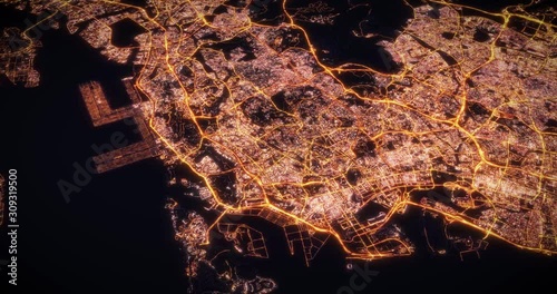 Aerial night view of city of Singapore, Asia. Traffic and street light glowing. Camera flying above space filming to city center. Rotating around and making endless loop. 3d animation rendering.