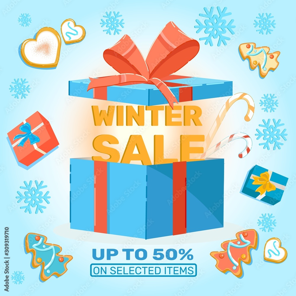 Winter Sale in Big Present Box with Red Ribbon Ad.