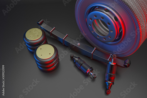 Many new auto parts for commercial transport truck. Spare parts for suspension truck. Truck parts air spring, tire and shock absorber. 3d rendering photo