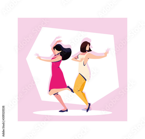 scene of women in dance pose, party, dance club