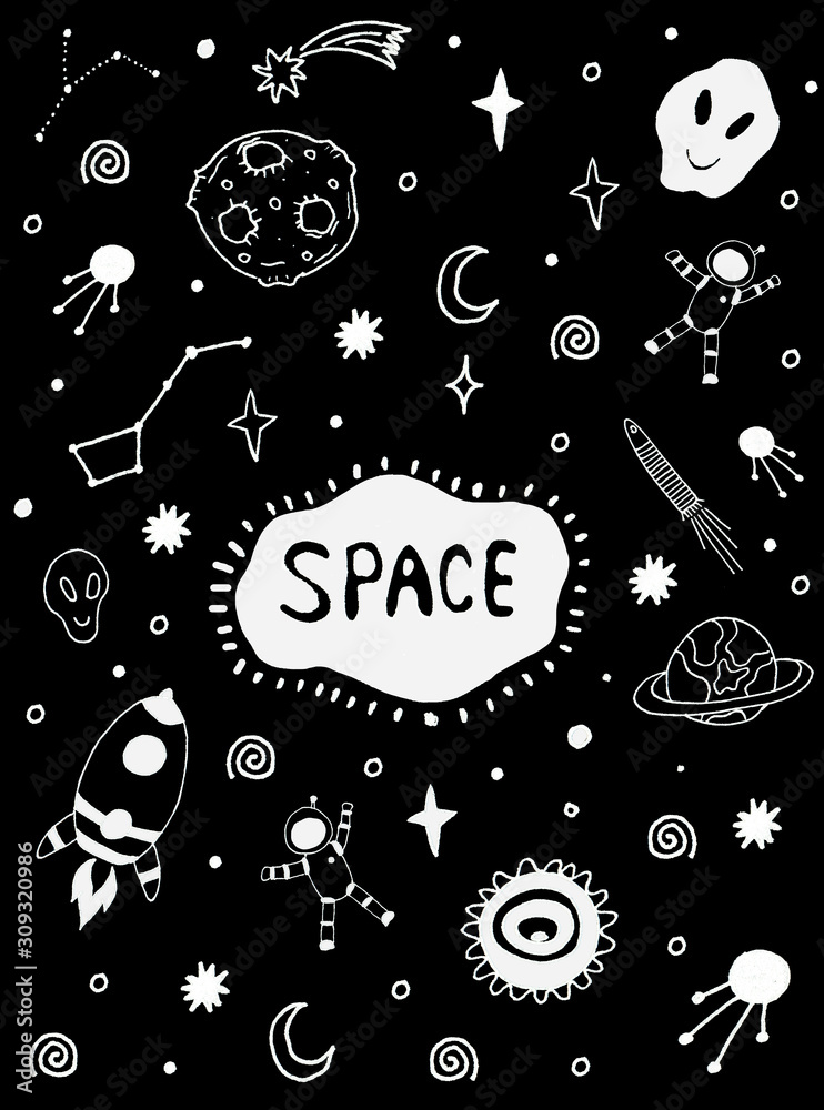 Space set collection. Science set collection. Cute, funny background. Hand  drawn artwork. Black and white. Coloring book page for adults and kids. Doodle  wallpaper. Stock Illustration | Adobe Stock
