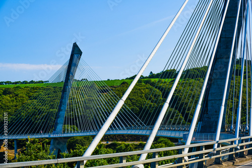 Stunningly beautiful Terenez bridge to the Crozon Peninsula. Finister. Brittany. France
