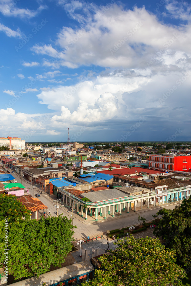 Aerial view of a small Cuban Town, Ciego de Avila, during a cloudy and sunny day. Located in Central Cuba.