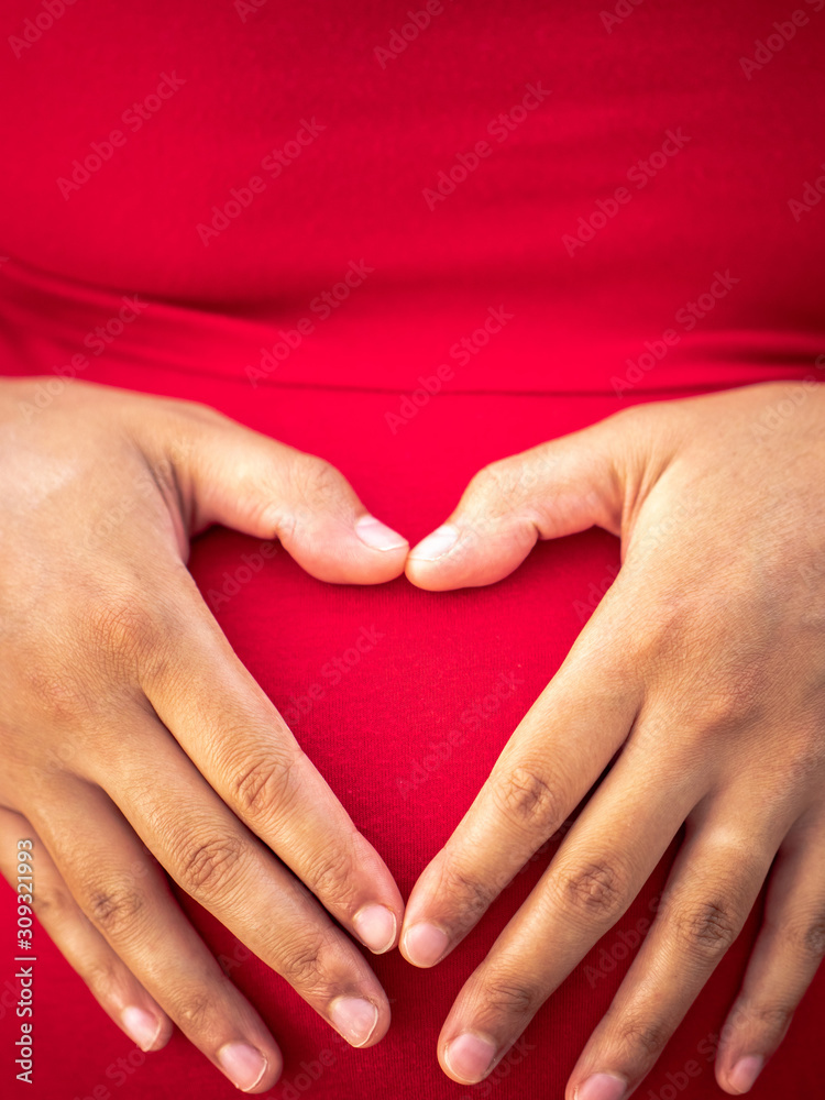 A young African American mixed race or ethnicity woman wearing a bright red dress holds her hands on her pregnant belly forming her fingers in the shape of a heart making a beautiful maternity photo. A young African American mixed race or ethnicity woman wearing a bright red dress holds her hands on her pregnant belly forming her fingers in the shape of a heart making a beautiful maternity photo.