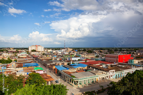 Aerial view of a small Cuban Town, Ciego de Avila, during a cloudy and sunny day. Located in Central Cuba.