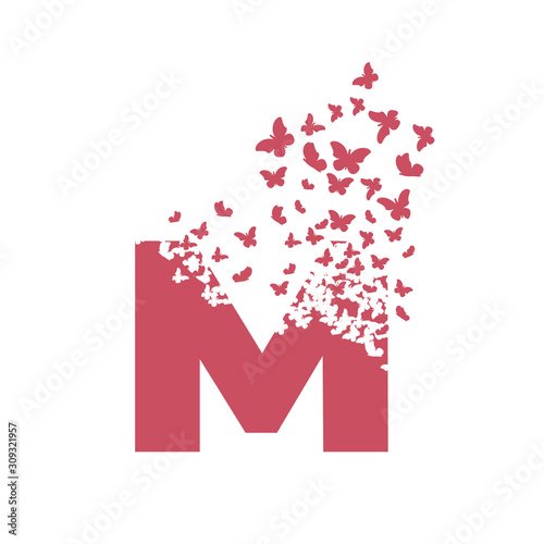 Canvas Print letter M with effect of destruction. Dispersion. Butterfly, moth