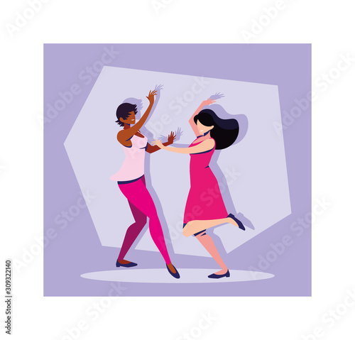 scene of women in dance pose, party, dance club