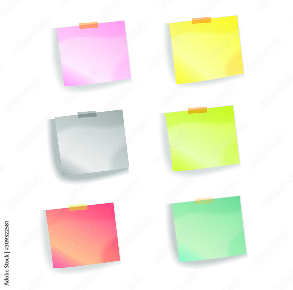 Flat sticker sheet, pinned adhesive tape, ready for your use. Notice board element. Perfect for back to school or business design theme. Vector illustration. Isolated on white background. Front Flat sticker sheet, pinned adhesive tape, ready for your use. Notice board element. Perfect for back to school or business design theme. Vector illustration. Isolated on white background. Front