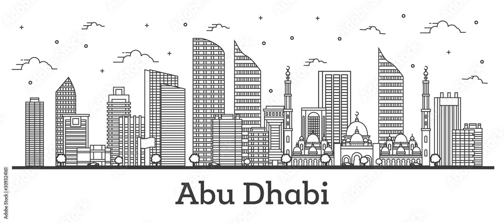 Outline Abu Dhabi United Arab Emirates City Skyline with Modern Buildings Isolated on White.