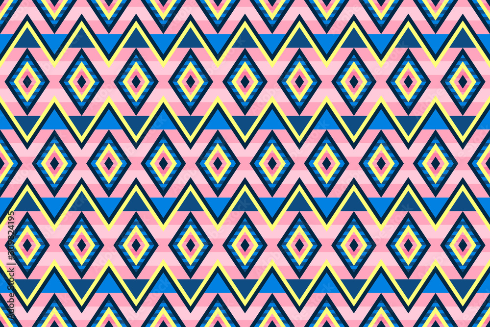 Seamless geometric pattern with stripes and rhomb. Bright сontrasting color scheme in classic blue, lemon and pink. Stock illustration for web, print, textile and wallpaper. Seamless geometric pattern with stripes and rhomb. Bright сontrasting color scheme in classic blue, lemon and pink. Stock illustration for web, print, textile and wallpaper.