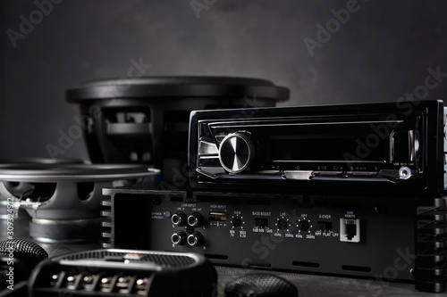 Bild auf Leinwand car audio, car speakers, subwoofer and accessories for tuning.