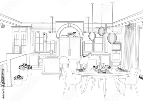 interior contour visualization, 3D illustration, sketch, outline