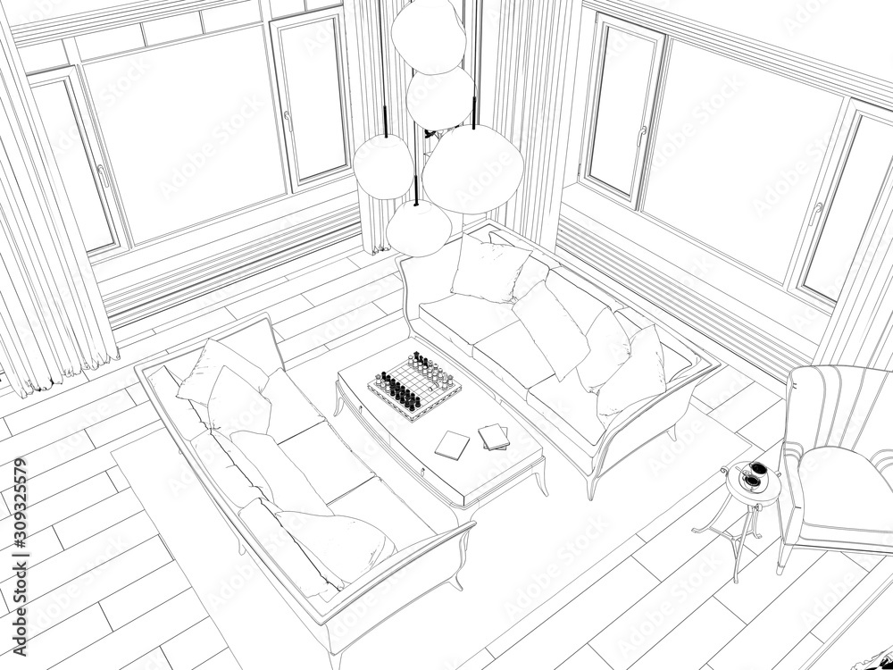 Fototapeta premium interior contour visualization, 3D illustration, sketch, outline