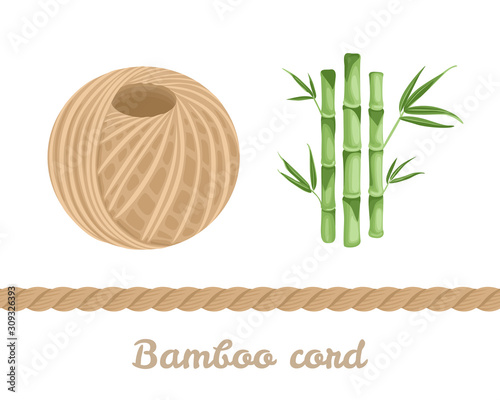 Bamboo cord Ball isolated on white background. Vector illustration of natural threads and green bamboo plants in cartoon simple flat style.  Bamboo rope, string.