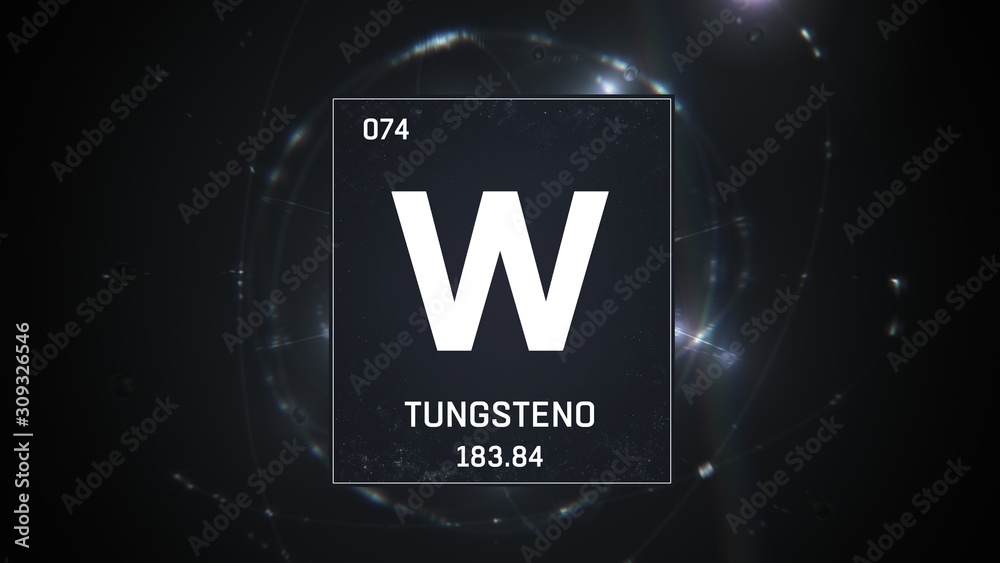 3D illustration of Tungsten as Element 74 of the Periodic Table. Silver